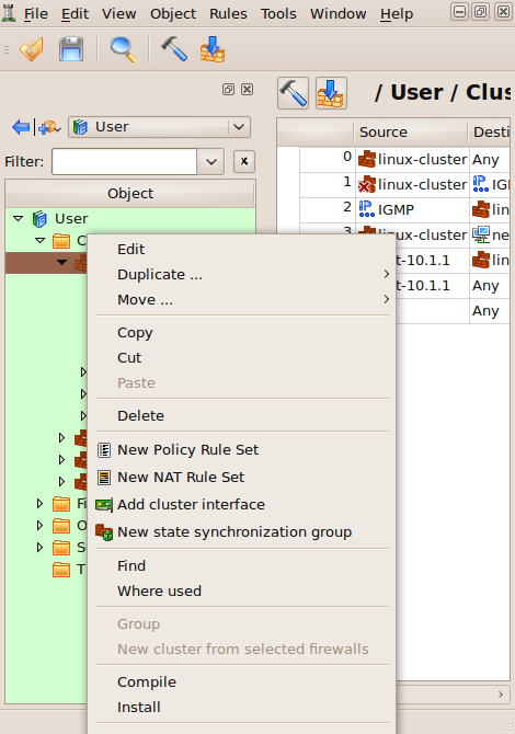 Compile and install options in the context menu that appears when you right-click on a firewall or cluster object in the t ree