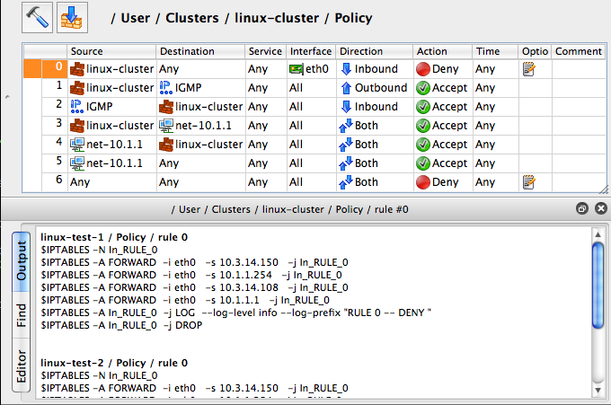 Generated iptables script for the rule #0 is shown in the GUI