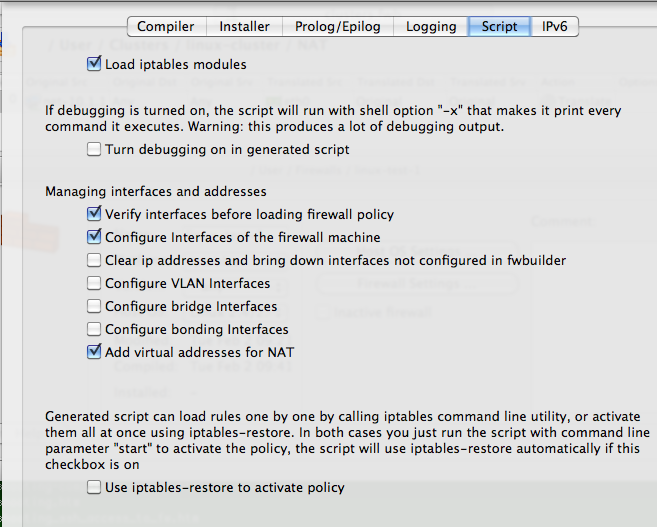 Options in the "Script" Tab of the Firewall Object Dialog