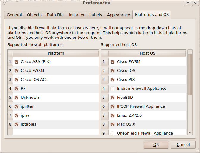 GUI Preferences Platforms and OS Tab