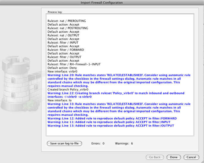 Import Firewall Wizard - Import Process Log