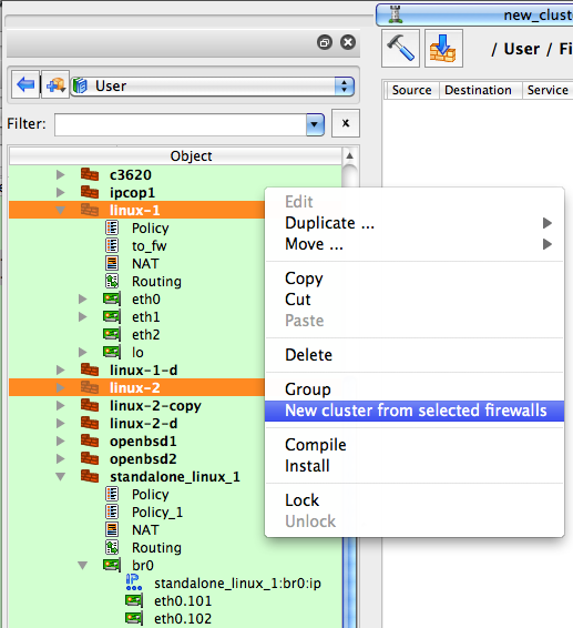 Using the Right-Click Menu to Choose Firewall Cluster Menus